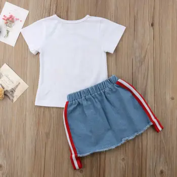 Modes Jauns Zīdainis Bērniem Girl Vasaras Apģērbs ar Īsām Piedurknēm Ziedu T-krekls Topi+Izšūt Rose Puķu Caurumu Džinsa Svārki 2PCS Set