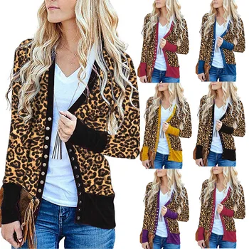 Modes Leoparda Jaciņa Blūze, Krekls Zaudēt Pogas Topi Gadījuma Rudens Ziemas Dāmas Sieviešu Sievietēm Ar Garām Piedurknēm Blusas Pulovers