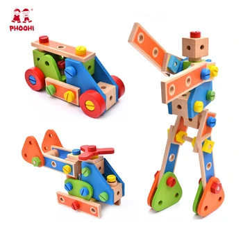 Montessori Bērnu Rotaļlietu Koka 70 Riekstu Kombinācija Multi-function Pieklauvēt un Demontēt Skrūvi Auto Creative Building Block Rotaļlietas