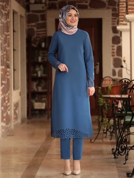 Musulmaņu Uzstādīt Islāma Sieviešu Apģērbu Jauno Sezonu ar Lāzeru Griezti Krepa Auduma Tunika Bikses Izgatavots Turcijā Augstas Kvalitātes Hijab Dubai