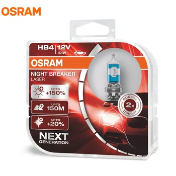 OSRAM 9006 HB4 12V 51W Jaunu Night Breaker Lāzera Nākamās Paaudzes Auto Lampas, Halogēna Vadītājs Light +150 Gaišāku 9006NL, 2X