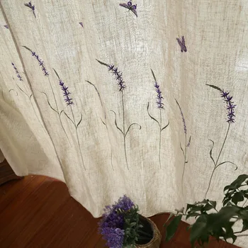 Pastorālā Stila Veļa Kokvilnas Sajaukšanas Purple Lavender&Tauriņš Izšūti Dzīvojamā Istaba/guļamistaba Gatavo Aizkaru Pielāgojamu