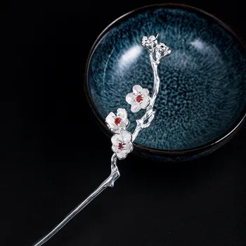 Plūmju Ziedu 925 Sterling Silver Matu Stick Hanfu Accesories Sieviešu Rotaslietas Seno Ķīniešu Tiesa Vintage Ziedu Matadatas