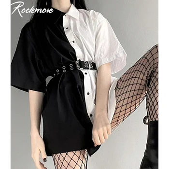 Rockmore Kontrasta Krāsu Blūze Kleitas, Sievietēm, Plus Lieluma Īsām Piedurknēm Savukārt Apkakle Mini Kleitas Streetwear Zaudēt Blūzes Kleita