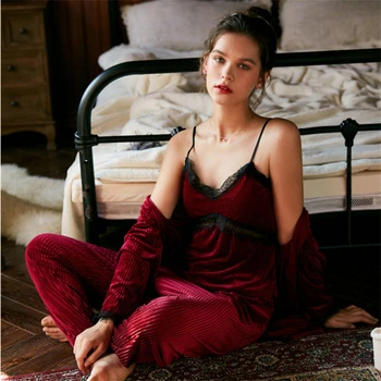 Rudens Sleepwear korejiešu Stilā Set 3PCS Pidžamu Sievietes Sexy Apakšveļa Pijama Mujer Satīna Gadījuma Naktsveļu пижама женская