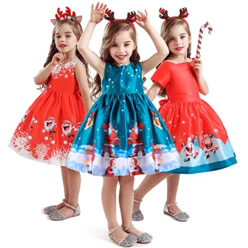 Rudens Ziemassvētku Īpašu PĀRDOŠANAS Bērnu Apģērbu Jaunā Gada Print 4-8y Vecās Meitenes Kleita +Galvu Uz Meitenes Pusi, Zīdaiņu
