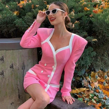 Sexy Pink Formālu Kleita Biroja Dāma Sievietēm Double Krūtīm Slim Mini Kleita Slavenība Vakara Puse Rudens Jaunu Kleitu 2020. Gada Sieviete