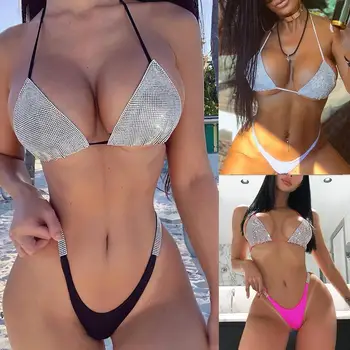 Sexy Sievietes Bezvadu Pavada Krūšturis, Biksītes Rhinestone Inkrustēts Peldkostīmi Bikini Komplekts ropa verano mujer playa