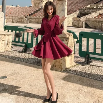 Sieviešu Pavasara Rudens Garām Piedurknēm Sexy Mini Kleitas Tīrtoņa Krāsu Acu Izšūšanas Ar Garām Piedurknēm Kleita Dāmas Gadījuma V-Veida Kakla Kleitas 2020