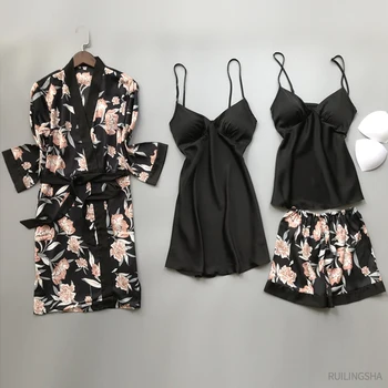 Sieviešu Zīda Pidžamas Komplekti Ziedu Drukāt Pijama Kimono Sleepwear 4 Gabali Plus Lieluma Satīna Pidžamas, Sieviešu Apakšveļa, Elegants Naktsveļu