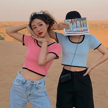 Sieviešu korejiešu Stilā Casual Tee Kreklu O Kakla Kontrasta Krāsu Īsām Piedurknēm Slim Fit Dāmas Top T-Krekls