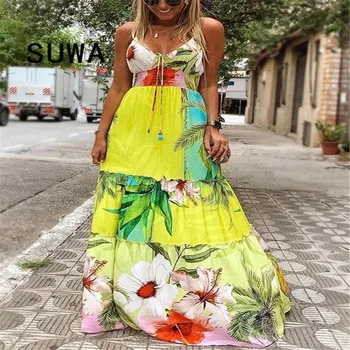 Sieviešu modes vasaras 2020. gadam elegants franču stilā ilgi maxi kleita vintage gadījuma sundresses retro boho sexy club tērpiem