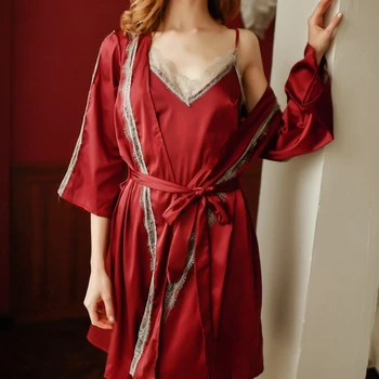 Sleepwear Komplekti Zīda Kleitu, Tērpu Komplekts Mežģīņu Sexy Apakšveļa Mini Kleita Peldmētelis Sievietēm Pijamas Kleita Nightgowns Līgavas Nakts Kleita