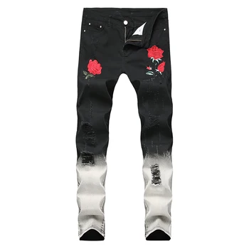 Sokotoo Vīriešu modes rožu ziedu izšuvumi ripped džinsi Slim kaklasaiti un krāsu gradientu, krāsu caurumi džinsa bikses