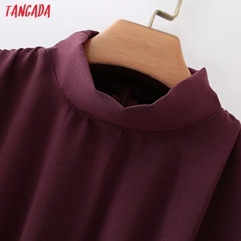 Tangada Modes Sievietēm Vīns Red Stand Apkakli Kroku Kleita 2020. Gadam garām Piedurknēm Dāmas Midi Kleitu Vestidos 5X16