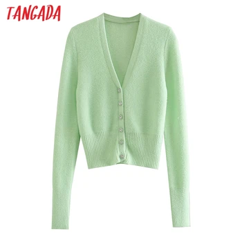 Tangada Sieviešu 2020. Gadam, Modes Zaļa Adīta Jaka Vintage Džemperis ar garām Piedurknēm Frēzēšana Pogu Sieviešu Virsdrēbes Šiks Topi 3H739