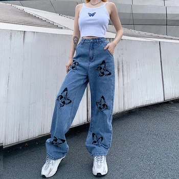 Tauriņš Drukāt Baggy Džinsa Bikses Sieviete Tīras Kokvilnas Plaša Kāju Garās Bikses Harajuku Streetwear Sieviešu Elegants Šiks Vintage Jeans