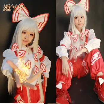 TouHou Projekta Anime Cosplay Fujiwara nav Mokou Huziwara nav Mokou Cosplay Kostīmu pilns komplekts:Kombinezonus+krekls+galvassegu+piedurknēm+bow