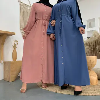 Tīru Krāsu Vienkāršas Musulmaņu Kleita Sievietēm ar garām Piedurknēm Mežģīnes-up Slim Kleita, Hijab Musulman Islāma Apģērba Dubajas Arābu Kimono Ilgi Drēbes