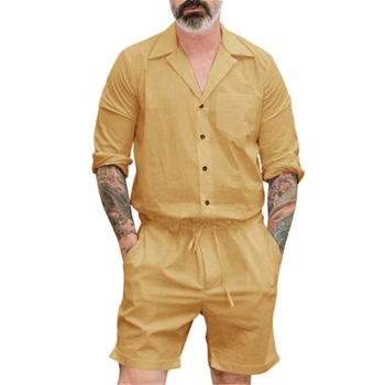 Vīriešiem Gadījuma 2gab Īsām Piedurknēm Stilīgs Playsuit Īso Bikšu Bikses Vīriešu Kombinezonus Vienu Krūtīm, Top+Bikses Kopa
