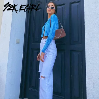Y2K EGIRL Vintage Streetwear Augsta Vidukļa Baggy Džinsi 2000s Estētika Caurumu Plaša Kāju Baltas Džinsa auduma Garās Bikses 90s Modes Bikses