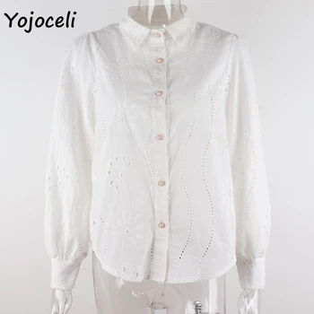 Yojoceli jaunā pavasara vasaras baltu kokvilnas mežģīņu kleita tamborēšanas pogu uz leju krekli sieviešu blusas