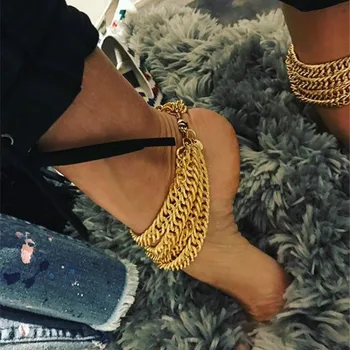 Zelta daudzslāņu Ķēdes Potītes Rokassprādzi Sievietēm Hip Hop Bohēmijas Sākotnējā Anklet Aproce par Kāju Pēdu Rotaslietas basām kājām, Sandales