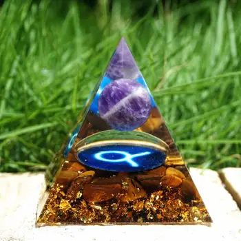 Zodiaka Ametista Kristāla Lode Orgone Piramīdas Vērsis Sakrālās Ģeometrijas Modelis ar Tiger Eye Akmens Enerģijas Dziedināšanas Orgonite