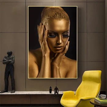 Āfrikas Sieviete Audekla Gleznas Zelta Skandināvijas Seksīga Meitene, Plakāti Mūsdienu Sienas Anotācija Sienas Mākslas Aina Dzīvojamā Istaba Dekori