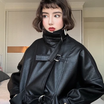 Īss Harajuku Mīksta Mākslīgās ādas jaka Plats piedurknēm Gadījuma Biker Mētelis Sieviešu Rudens Streetwear Virsdrēbes Punk Bomber jacket