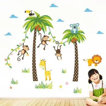 Žirafe, Lauva, Pērtiķis Palmu Koku Meža Dzīvniekiem, Sienas uzlīmes Bērniem, Bērnu Istabas, Guļamistabas Sienas Pirmsskolas Uzlīmes Plakātu Uz Sienas
