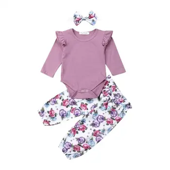 0-24M Ziedu Jaundzimušā bērna Baby Meiteņu Drēbes, Uzstādīt, Violeta Ruffles garām Piedurknēm Kombinezonus + Ziedu Bikses Rudens Bērns Meiteņu Kostīmi