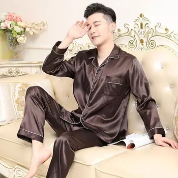 100KG Lielajam 5XL Pidžamas uzvalks Satīna Zīda Pidžamas Komplekts Pāris Sleepwear Ģimenes Pijama Vīriešiem un Sievietēm Ikdienas Mājas Apģērba