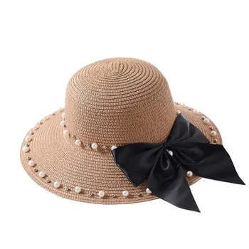 2018 modes Vecāku un bērnu Vasaras Jaunās Britu pērle frēzēšana Lielo loku brimmed meitene salmu cepure bērnu Tonēšana, saules cepure Dāmu pludmales cepure