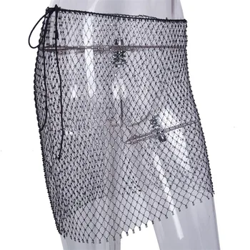 2019 Bling Rhinestones Balts Melns Fishnet Mini Svārki Sievietēm Bodycon Dobi Out Redzēt Cauri Modes Nakts Klubs Puse Pludmales Svārki