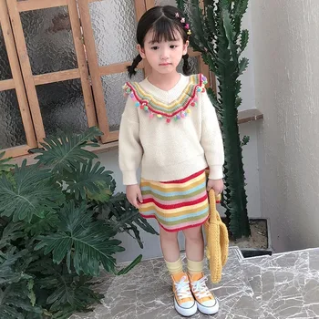 2019 Jaunu Modes Baby Girl Dizaina Rudens Adīšanas Džemperis Svītrainām Coloful Top un Svārki Viena Meitene, Auduma Meiteņu Džemperis Kleita