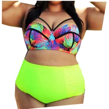 2019 Jaunu Sieviešu Neona Zaļā Bikini noteikts Augsts Viduklis Peldkostīmu Push Up Peldkostīmi, peldkostīms Bikini Brasileiro Plus Izmērs 3XL 4XL 5XL
