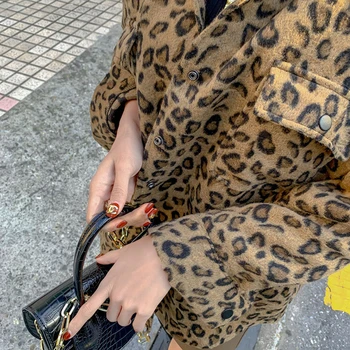 2020. gada pavasara Vintage Leoparda Jaka Plus Lieluma Gadījuma Leopard Sieviešu Mēteli Ziemas Topi Sieviete Drēbes Elegants Vilnas Outwear QT17