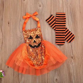 2gab Halloween Tērpi Baby Girl Apģērbu Uzdrukāts Sequin Pavada Romper Tutu Kleita + Svītrainas Zeķes Komplekti, Bērnu Svētku Kostīms