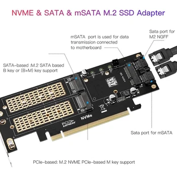 3 in 1 NGFF un MSATA SSD Adaptera Karti M. 2 NVME uz PCIe 16X/M. 2 SATA SSD SATA III SATA Converter+2 SATA Kabeli