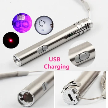 3 in1 Lukturīti Alumīnija Sakausējuma 500LM USB Lādējamu Mācīt Lāzera Rādāmkociņš & UV Lāpu LED Lukturīti Daudzfunkciju Lampas Laternas