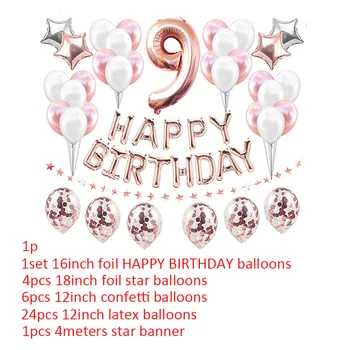 37pcs Rose Gold Baloni Skaits 9 Folijas gaisa Balons Happy Birthday Puse Rotājumi 9 Meitene, Zēns 9 Gadiem Dzimšanas dienā Piederumi