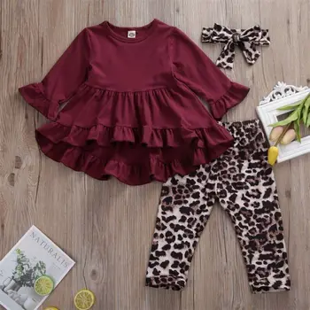 3Pcs Zīdainis, Mazulis Baby Girl Apģērbs Apģērbu ar garām Piedurknēm T-krekls Top Augstas Jostasvietas Cietā Kleita+Leopards Ilgi Elsas Galvu Apģērba Komplekts