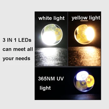 3in1 Pārnēsājamu USB Lādējamu Dzeltenās Gaismas Diožu Lukturīti, 365NMM UV Gaismas LED Lukturi Dārgakmens Dzintars Dimanta Flourescent Lampas