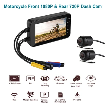 4 Collu Motociklu DVR Wifi Kameru FHD) 1080P Ūdensizturīgs Dash Cam Dual Objektīvs Sānu Atpakaļskata videokameru, Moto Velosipēds Dashcam