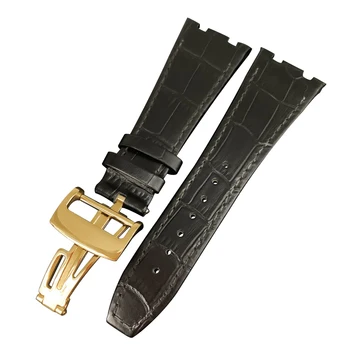 Augstas kvalitātes negenuine ādas watchband dubultā līnija siksnu AP SKATĪTIES joslas 26mm ar nerūsējošā tērauda locīšanas aizdare melna