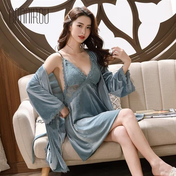 BANNIROU Sieviešu vienkrāsainu Tērpu Komplekti Ziemas Elegants Samta Sexy Mežģīņu Linga Sieviešu Sleepwear Ērti Nightdress 2020