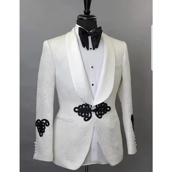 Balts Vīriešu Uzvalks Jaka, Šalle Atloks Pasūtījuma Izgatavotas no Viena Gabala Cilvēks Žakete Slim fit Kāzu Mētelis 