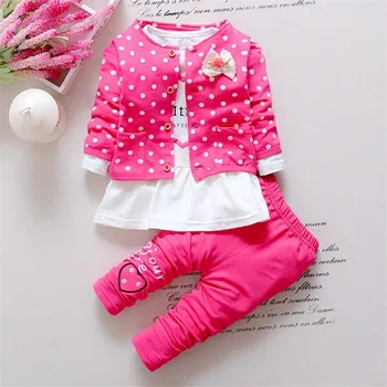 BibiCola Baby Girl apģērbu Komplekti bērniem 3PCS mētelis+ T krekls + Bikses bērniem Cute Princese Sirds formas Drukas Loku baby girl tērpiem