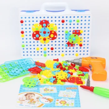 Bērniem Urbt Rotaļlietas 3D DIY Puzzle Izlikties, Instrumenti, Rotaļlietas Radošo Bērnu CILMES Izglītības Rotaļlieta Elektrisko Urbi Skrūves Mozaīkas Veidot Puzzle